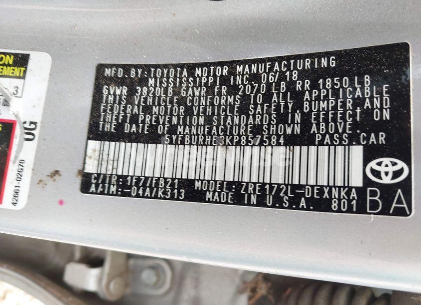 Photo 9 of 2019 Toyota Corolla LE (VIN 5YFBURHE3KP857584)