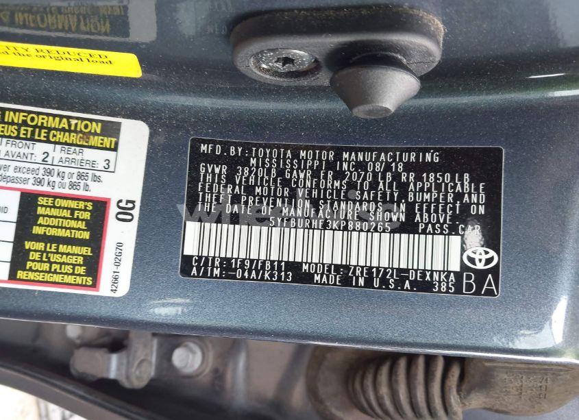 Photo 9 of 2019 Toyota Corolla LE (VIN 5YFBURHE3KP880265)