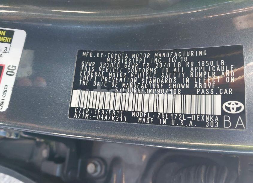 Photo 9 of 2019 Toyota Corolla LE (VIN 5YFBURHE3KP907108)