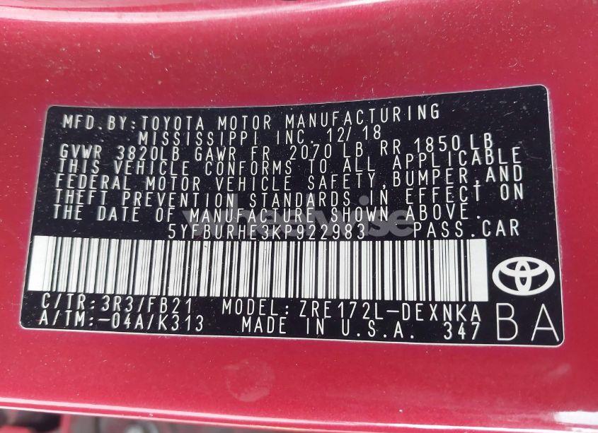 Photo 9 of 2019 Toyota Corolla LE (VIN 5YFBURHE3KP922983)