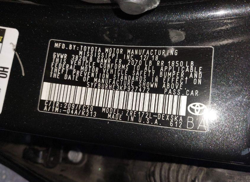 Photo 9 of 2019 Toyota Corolla SE (VIN 5YFBURHE3KP927472)