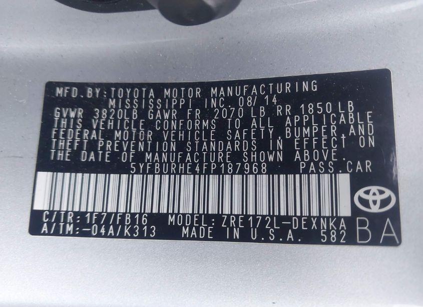 Photo 9 of 2015 Toyota Corolla LE (VIN 5YFBURHE4FP187968)