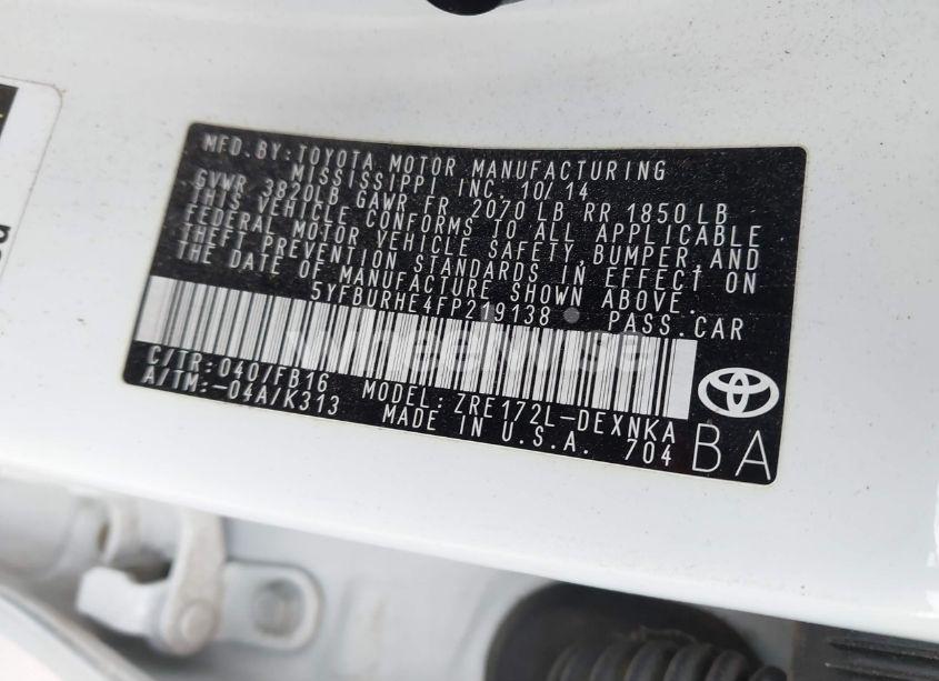 Photo 9 of 2015 Toyota Corolla LE (VIN 5YFBURHE4FP219138)