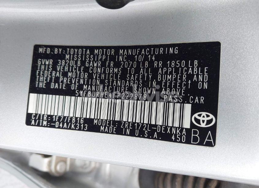Photo 9 of 2015 Toyota Corolla LE/LE PLUS/LE PREMIUM (VIN 5YFBURHE4FP222878)