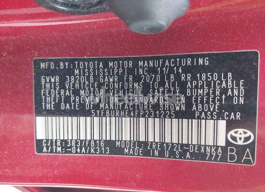 Photo 9 of 2015 Toyota Corolla LE PLUS (VIN 5YFBURHE4FP231225)