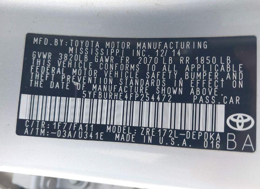 Photo 9 of 2015 Toyota Corolla L (VIN 5YFBURHE4FP254472)