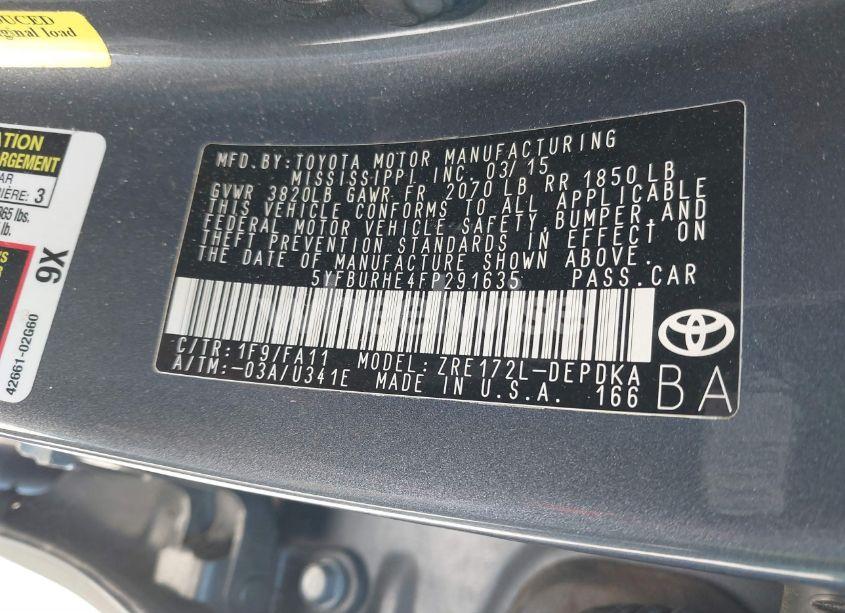 Photo 9 of 2015 Toyota Corolla L (VIN 5YFBURHE4FP291635)