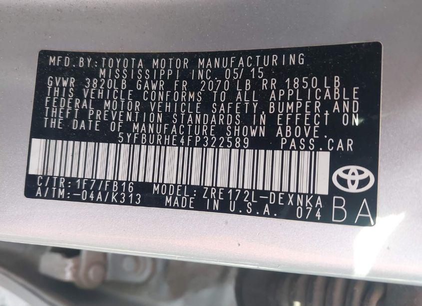 Photo 9 of 2015 Toyota Corolla LE (VIN 5YFBURHE4FP322589)