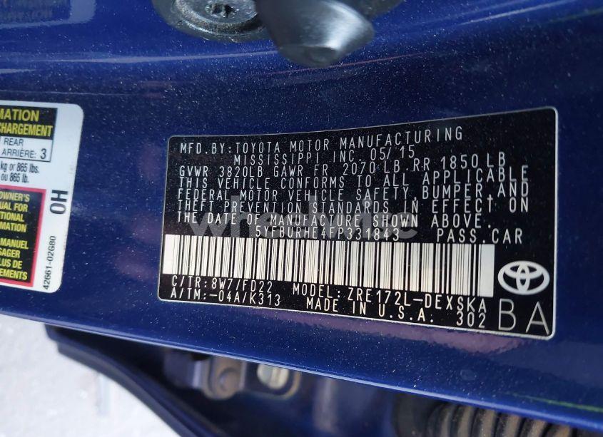 Photo 9 of 2015 Toyota Corolla L/LE/LE PLS/PRM/S/S PLS (VIN 5YFBURHE4FP331843)