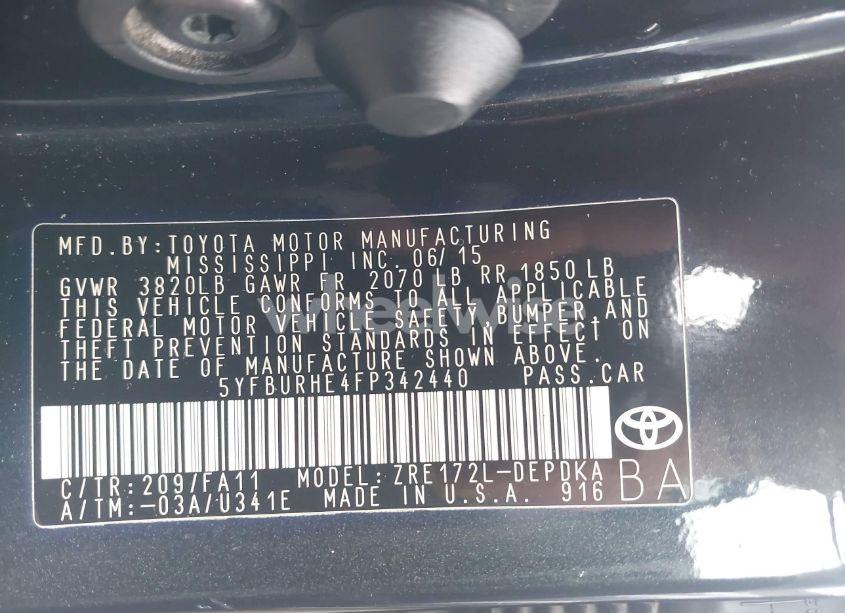 Photo 9 of 2015 Toyota Corolla L (VIN 5YFBURHE4FP342440)