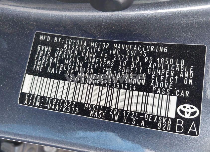 Photo 9 of 2016 Toyota Corolla S PLUS (VIN 5YFBURHE4GP391414)