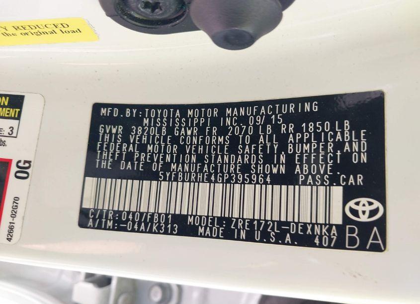 Photo 9 of 2016 Toyota Corolla LE PLUS (VIN 5YFBURHE4GP395964)