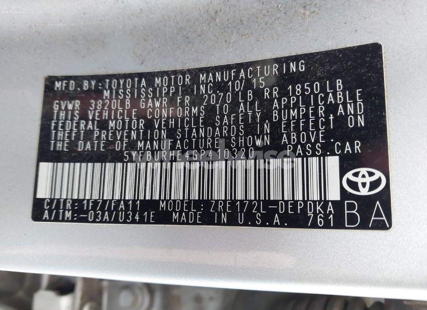 Photo 9 of 2016 Toyota Corolla L (VIN 5YFBURHE4GP410320)