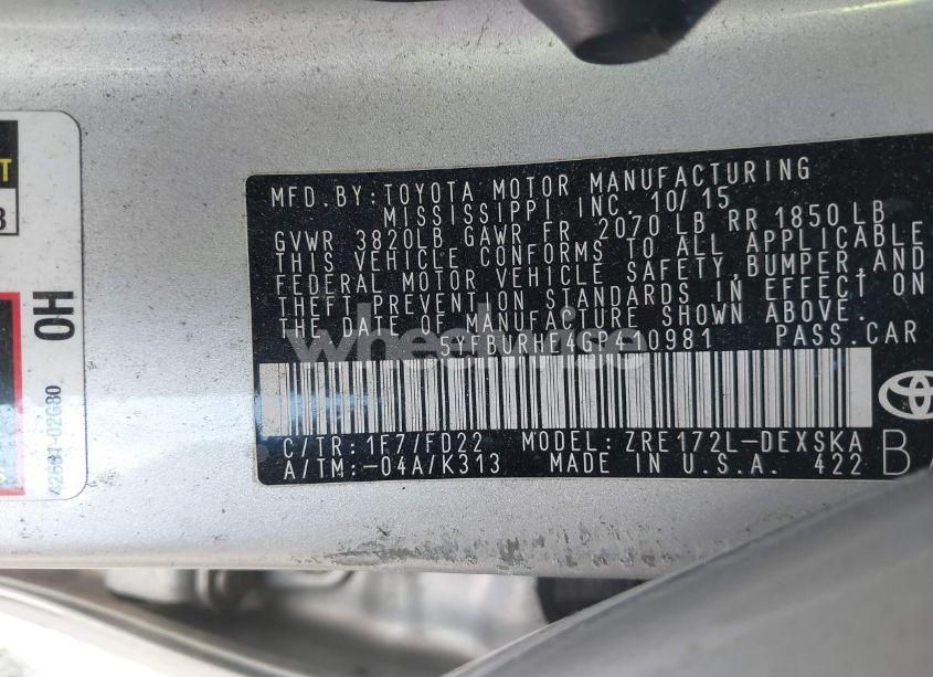 Photo 9 of 2016 Toyota Corolla S PLUS (VIN 5YFBURHE4GP410981)