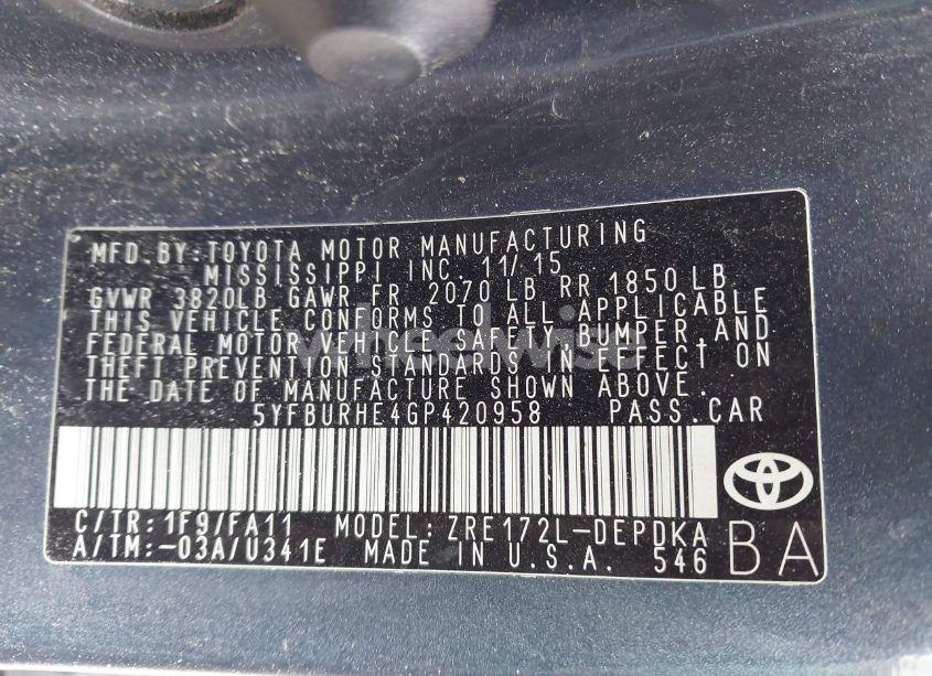 Photo 9 of 2016 Toyota Corolla L (VIN 5YFBURHE4GP420958)