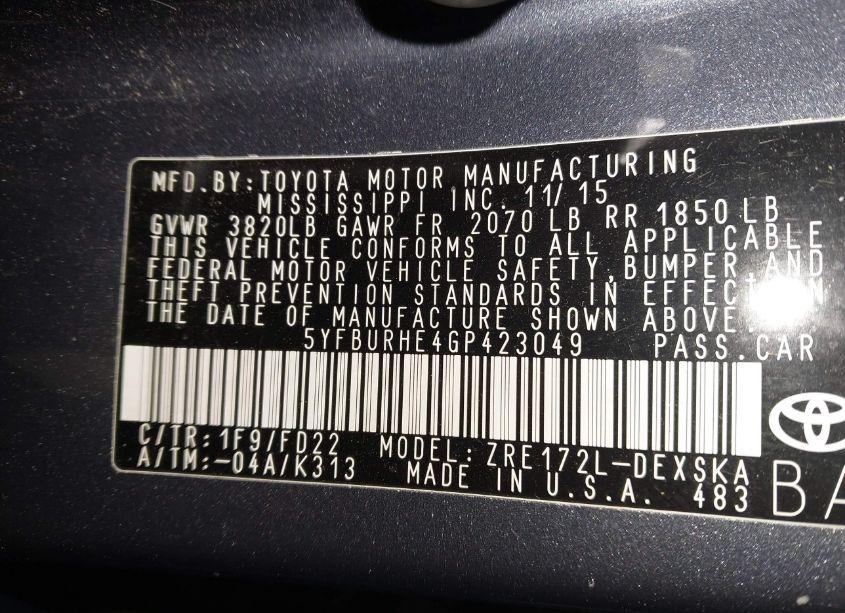 Photo 9 of 2016 Toyota Corolla S (VIN 5YFBURHE4GP423049)