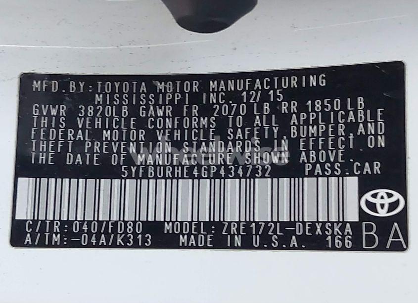 Photo 9 of 2016 Toyota Corolla S PLUS (VIN 5YFBURHE4GP434732)