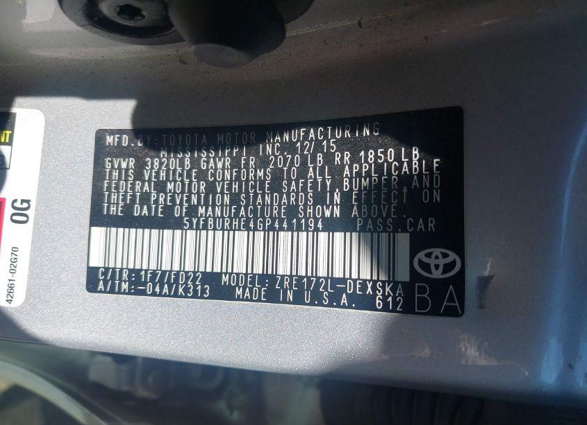 Photo 9 of 2016 Toyota Corolla S (VIN 5YFBURHE4GP441194)