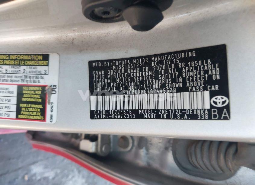 Photo 9 of 2016 Toyota Corolla LE (VIN 5YFBURHE4GP445679)