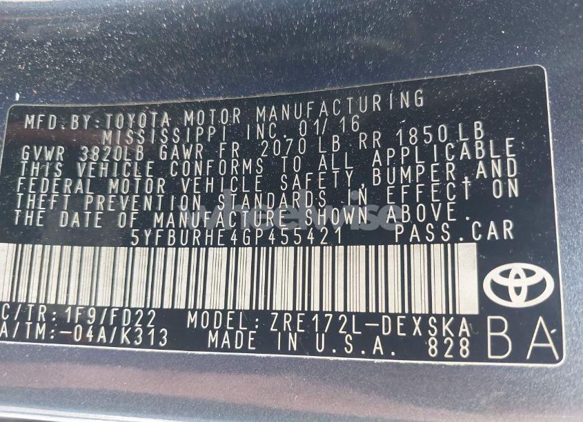 Photo 9 of 2016 Toyota Corolla S PLUS (VIN 5YFBURHE4GP455421)