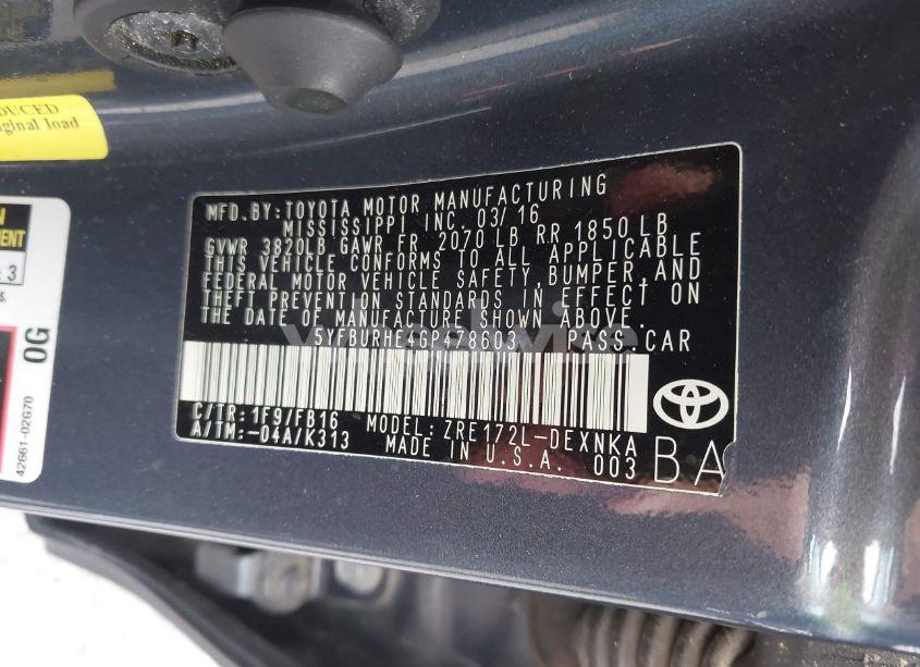 Photo 9 of 2016 Toyota Corolla LE (VIN 5YFBURHE4GP478603)