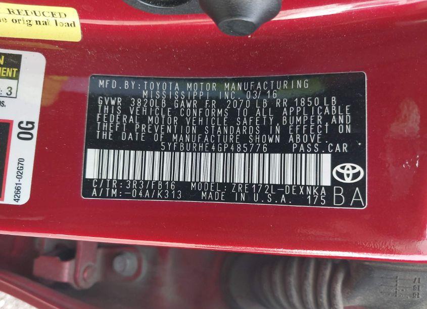 Photo 9 of 2016 Toyota Corolla LE (VIN 5YFBURHE4GP485776)