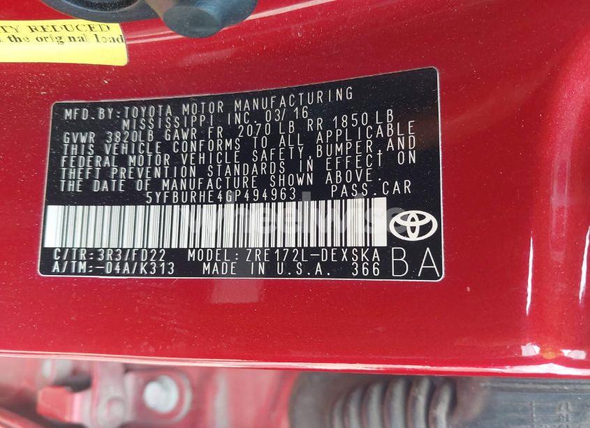 Photo 9 of 2016 Toyota Corolla S PLUS (VIN 5YFBURHE4GP494963)