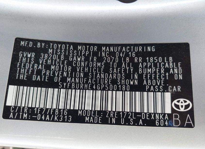 Photo 9 of 2016 Toyota Corolla LE (VIN 5YFBURHE4GP500180)