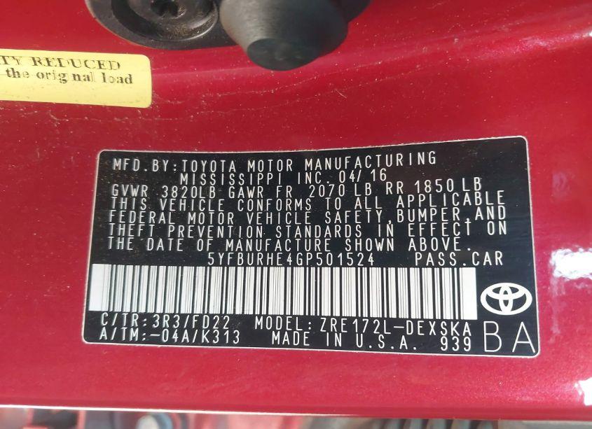 Photo 9 of 2016 Toyota Corolla L/LE/LE PLS/PRM/S/S PLS (VIN 5YFBURHE4GP501524)