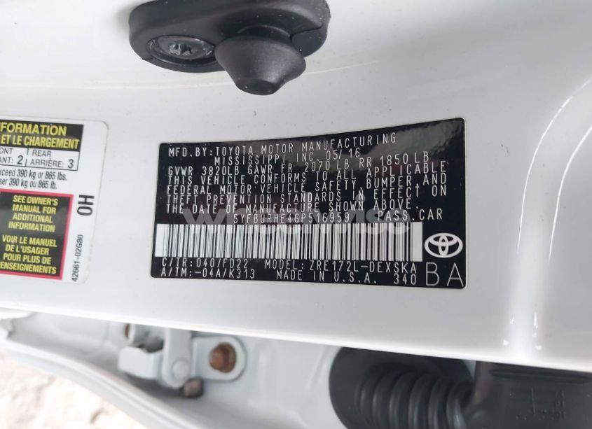 Photo 9 of 2016 Toyota Corolla S PLUS (VIN 5YFBURHE4GP516959)