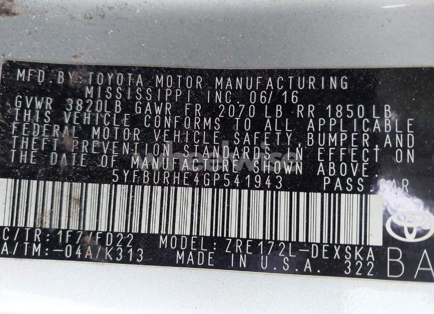 Photo 9 of 2016 Toyota Corolla S PLUS (VIN 5YFBURHE4GP541943)