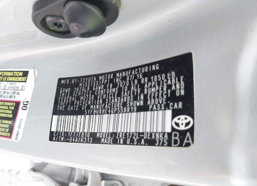 Photo 9 of 2016 Toyota Corolla LE (VIN 5YFBURHE4GP550819)