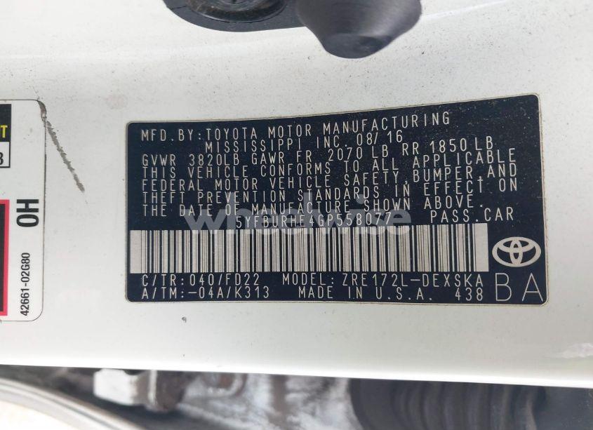 Photo 9 of 2016 Toyota Corolla S PLUS (VIN 5YFBURHE4GP558077)