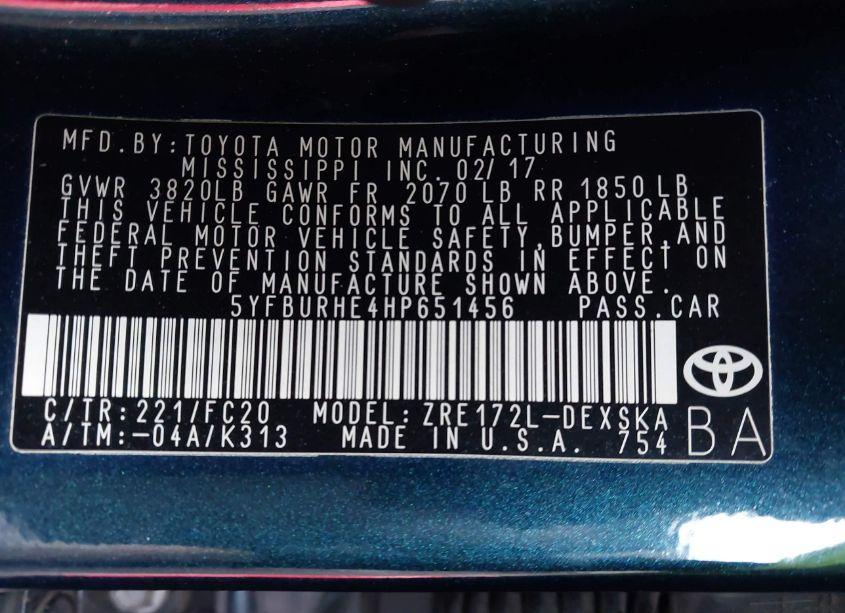 Photo 9 of 2017 Toyota Corolla SE (VIN 5YFBURHE4HP651456)