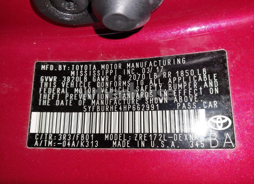 Photo 9 of 2017 Toyota Corolla LE (VIN 5YFBURHE4HP662991)