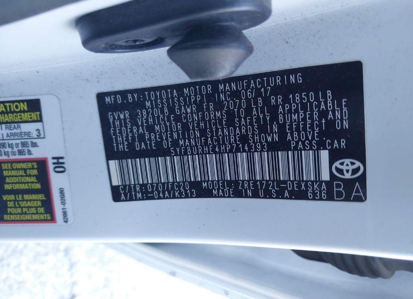 Photo 9 of 2017 Toyota Corolla SE (VIN 5YFBURHE4HP714393)