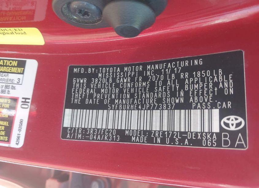 Photo 9 of 2018 Toyota Corolla SE (VIN 5YFBURHE4JP773837)