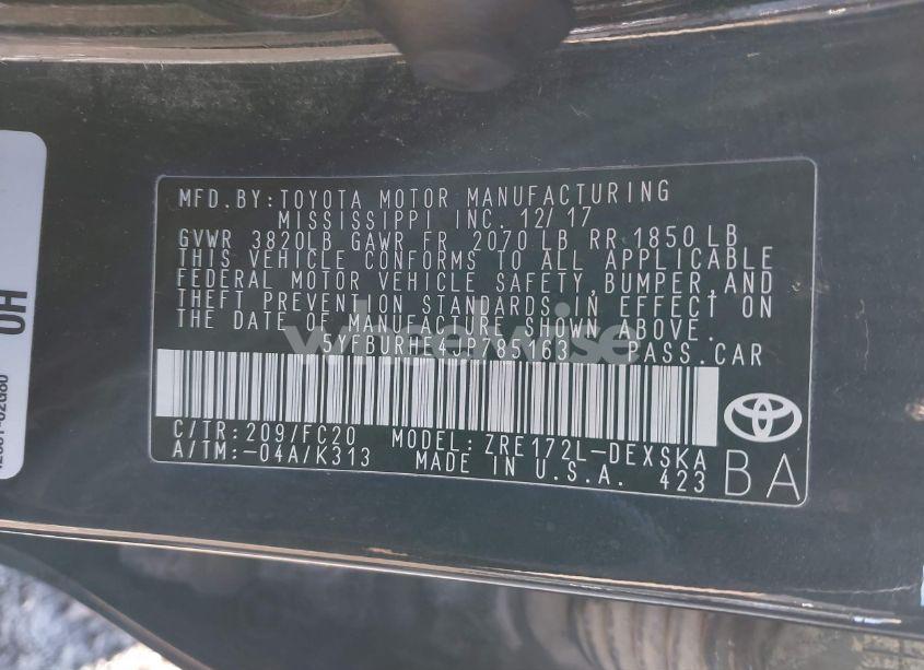 Photo 9 of 2018 Toyota Corolla SE (VIN 5YFBURHE4JP785163)