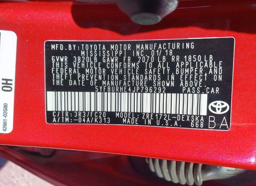 Photo 9 of 2018 Toyota Corolla SE (VIN 5YFBURHE4JP796292)