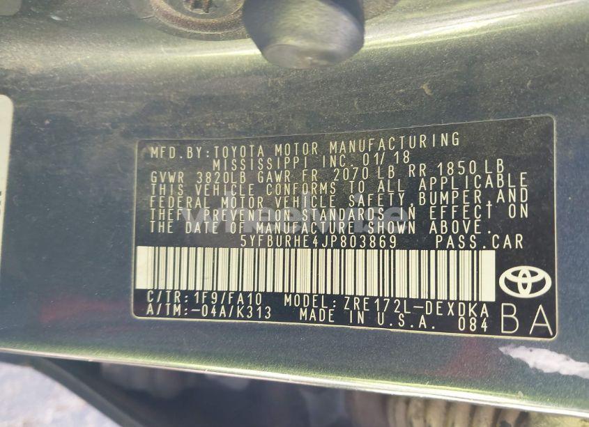 Photo 9 of 2018 Toyota Corolla L (VIN 5YFBURHE4JP803869)