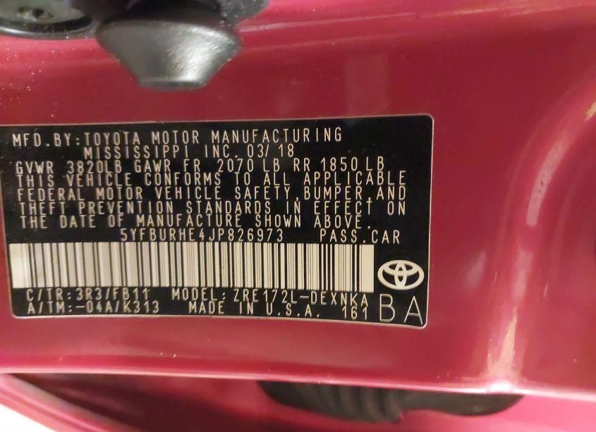 Photo 9 of 2018 Toyota Corolla LE (VIN 5YFBURHE4JP826973)