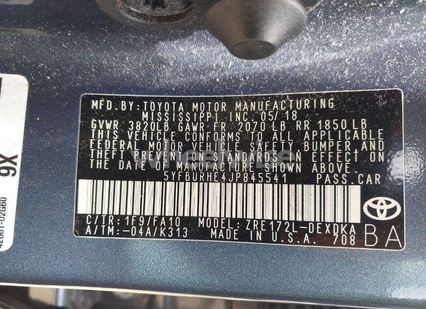 Photo 9 of 2018 Toyota Corolla L (VIN 5YFBURHE4JP845541)
