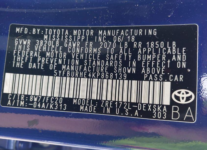 Photo 9 of 2019 Toyota Corolla SE (VIN 5YFBURHE4KP868139)