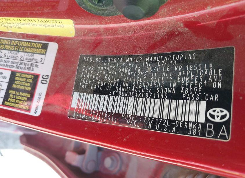 Photo 9 of 2019 Toyota Corolla LE (VIN 5YFBURHE4KP871185)