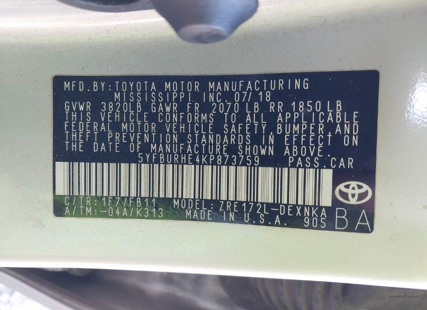 Photo 9 of 2019 Toyota Corolla LE (VIN 5YFBURHE4KP873759)