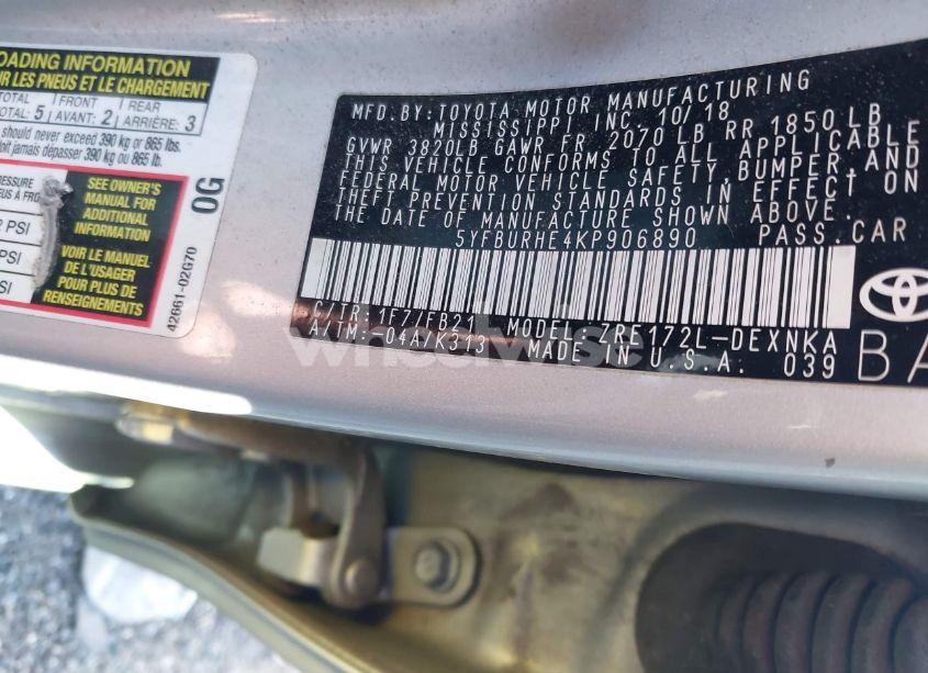 Photo 9 of 2019 Toyota Corolla LE (VIN 5YFBURHE4KP906890)