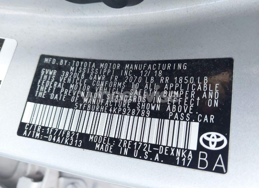 Photo 9 of 2019 Toyota Corolla LE (VIN 5YFBURHE4KP928789)