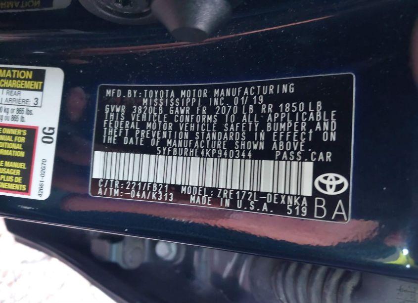 Photo 9 of 2019 Toyota Corolla LE (VIN 5YFBURHE4KP940344)