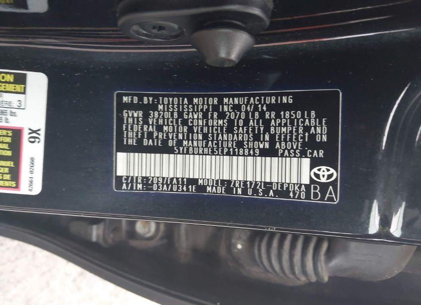 Photo 9 of 2014 Toyota Corolla L (VIN 5YFBURHE5EP118849)