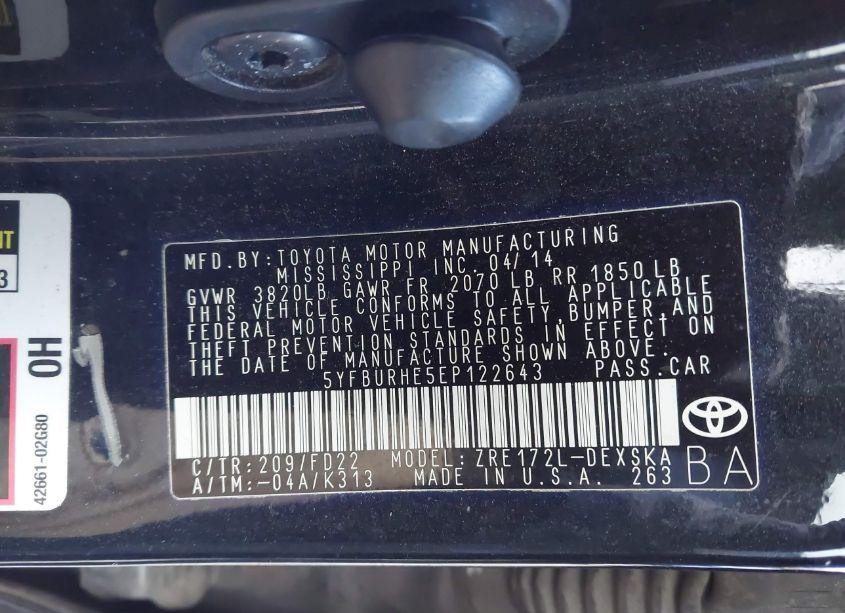 Photo 9 of 2014 Toyota Corolla L/LE/LE PLS/PRM/S/S PLS (VIN 5YFBURHE5EP122643)